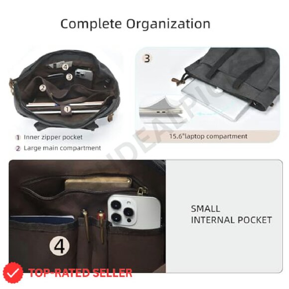 Canvas Tote Bag Retro Classic Multi-Pocket Laptop Commuter Travel Gym - Picture 6 of 8